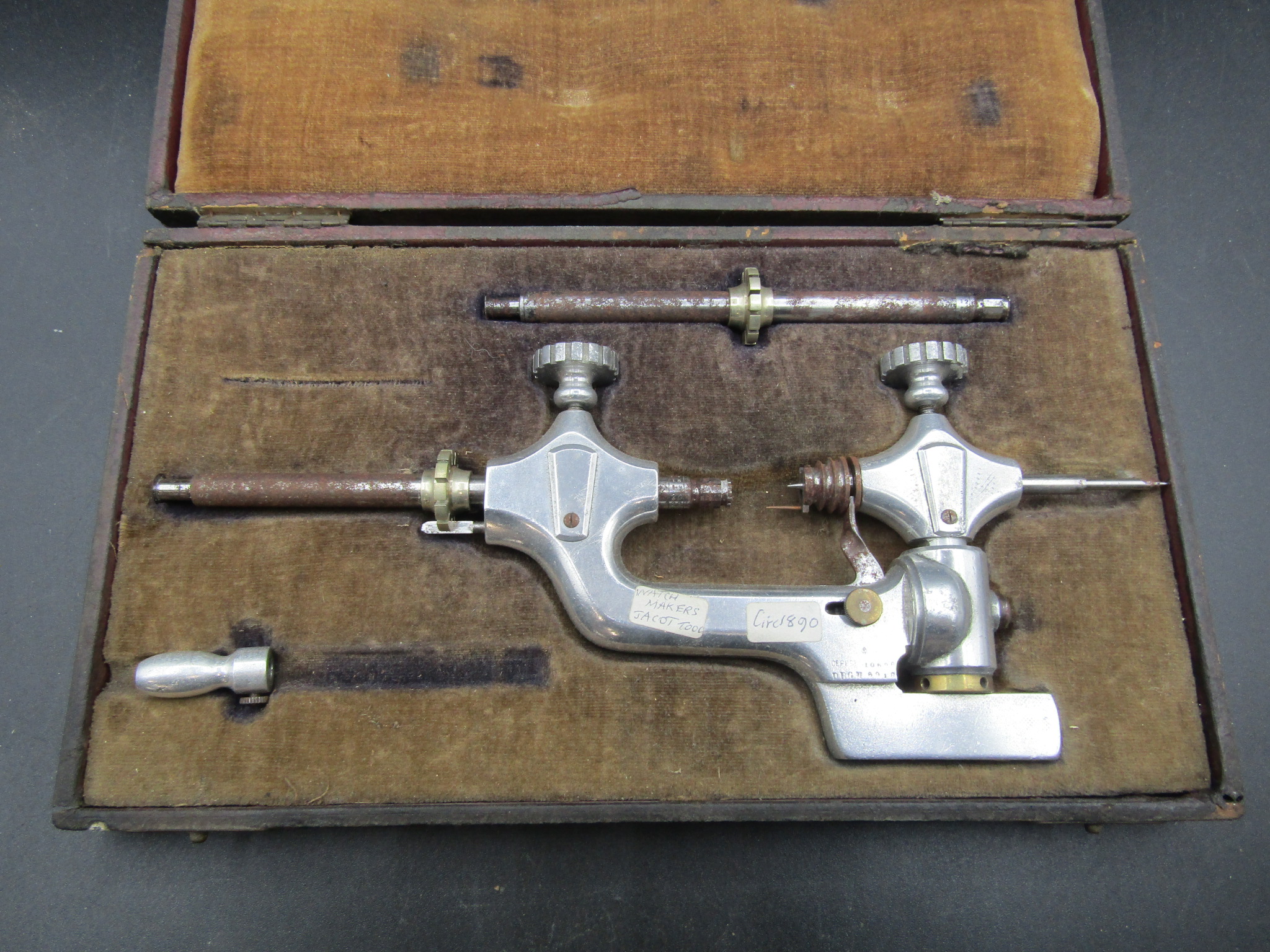 Late 19th century French Watchmakers Jacot or "Tour A Pivoter" (Lathe) tool in original case