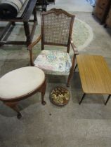 Furniture lot inc 2 tapestry stools, retro table and berger cane chair