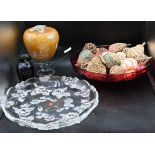 Glassware to include German Waltherglas rose decorated bowl (dia 34cm) and large red bowl (dia 35cm)