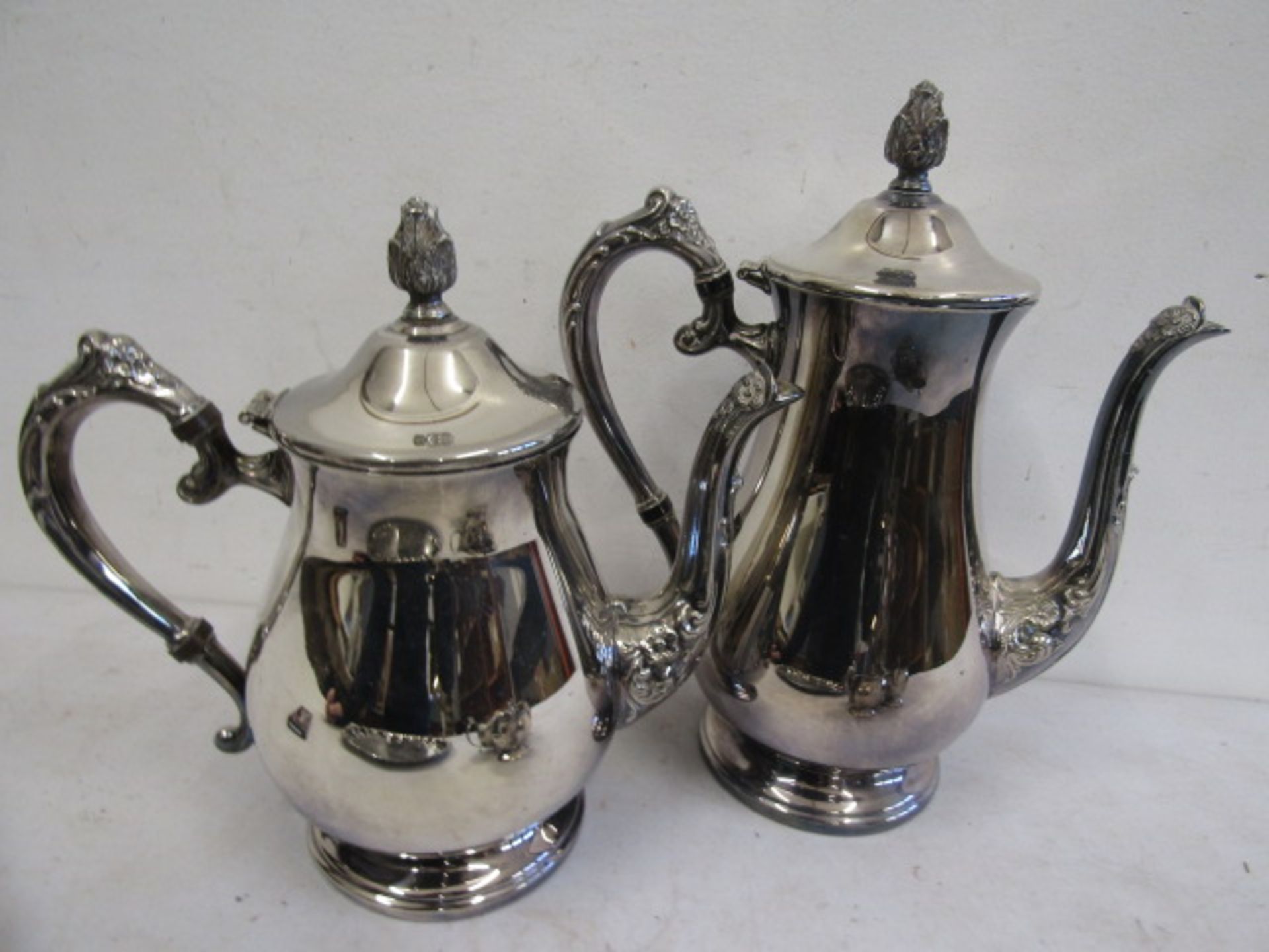 A silver plate coffee, tea pots, sugar bowl, milk jug, sauce boat, grape scissors on a tray - Image 8 of 8