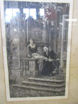 An etching of a man and young lady