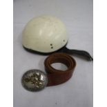 A vintage Motorcycle helmet (display only) and a related belt