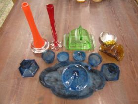 Art deco style butter dish, art glass vase, blue glass vanity set