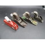 4 vintage block thumb planes, red plane by W. Britain USA