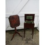 Tilt top table and mahogany sewing box on legs