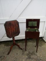 Tilt top table and mahogany sewing box on legs