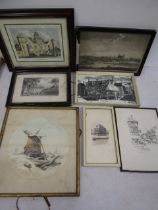 Assortment watercolour, etchings wood/lino cut pictures inc Cambridge landmarks J. Pike etching