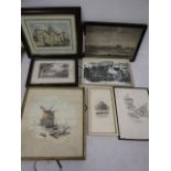 Assortment watercolour, etchings wood/lino cut pictures inc Cambridge landmarks J. Pike etching