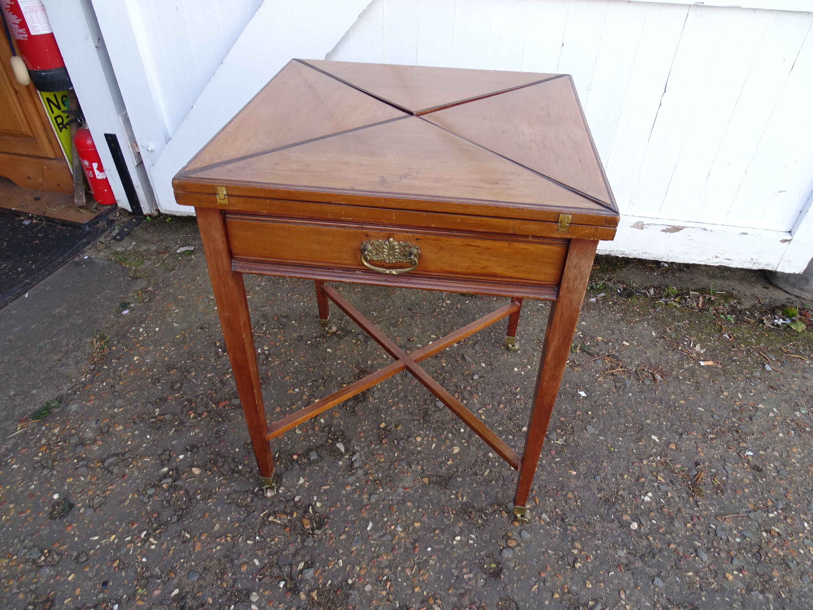 19th Century mahogany envelope card table with drawer on brass castors H70cm Top 56cm x 56cm approx - Image 5 of 10