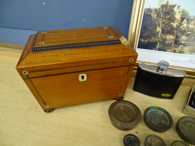 Wooden tea caddy, compass and hip flask etc - Image 3 of 7