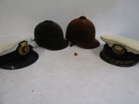 2 vintage Naval caps and 2 vintage riding hats(FOR DISPLAY ONLY!)