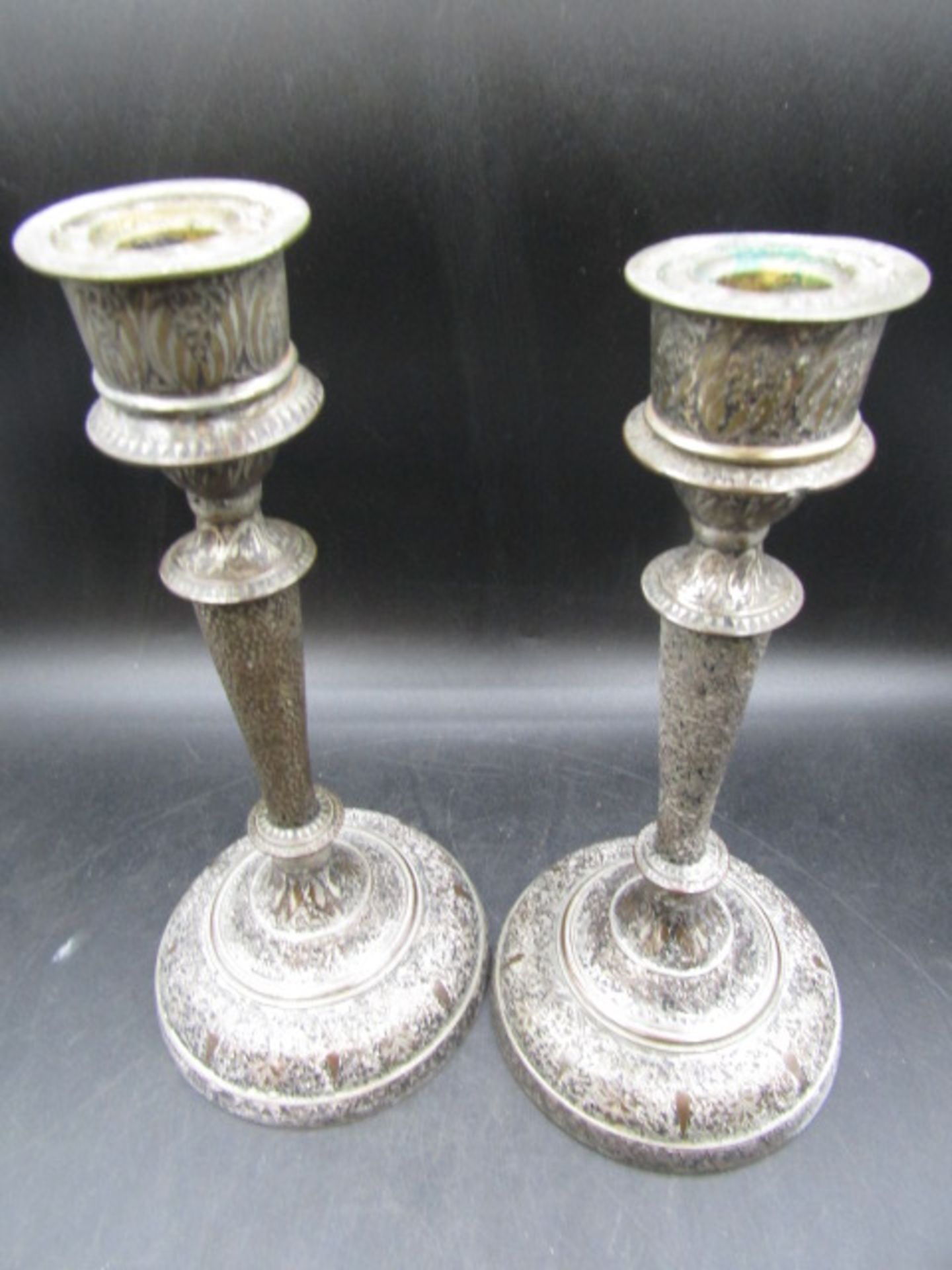 A pair bronze? inlaid Islamic? candlesticks  one needs repair - Image 2 of 6