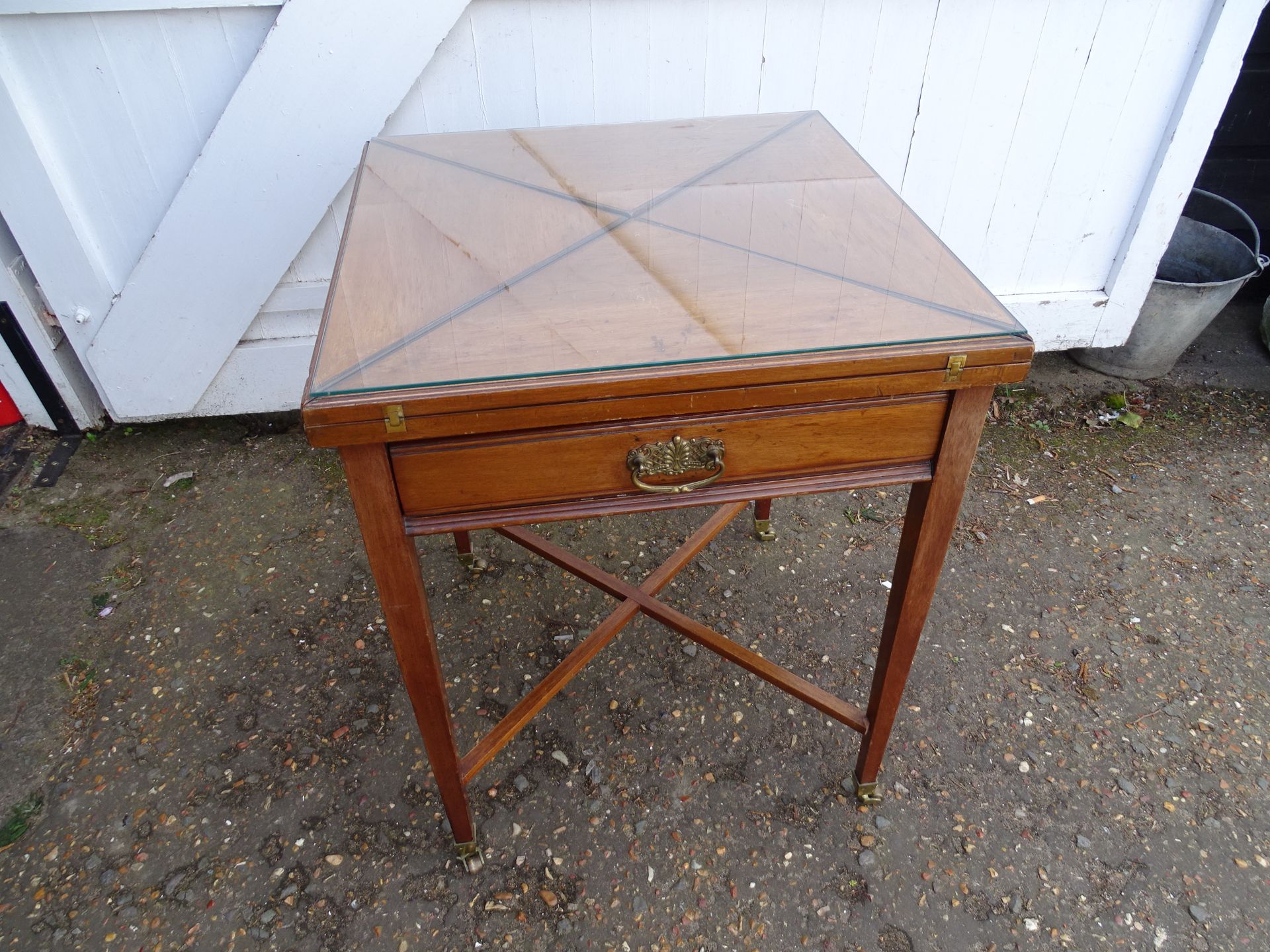 19th Century mahogany envelope card table with drawer on brass castors H70cm Top 56cm x 56cm approx - Image 7 of 10