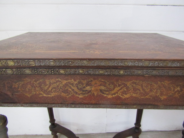 French Louis XVI style penwork decorated and brass mounted fold over games table - Image 8 of 8