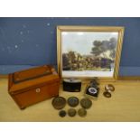 Wooden tea caddy, compass and hip flask etc
