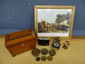 Wooden tea caddy, compass and hip flask etc