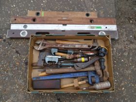 Tray of tools to include adjustable wrenches and hammers etc