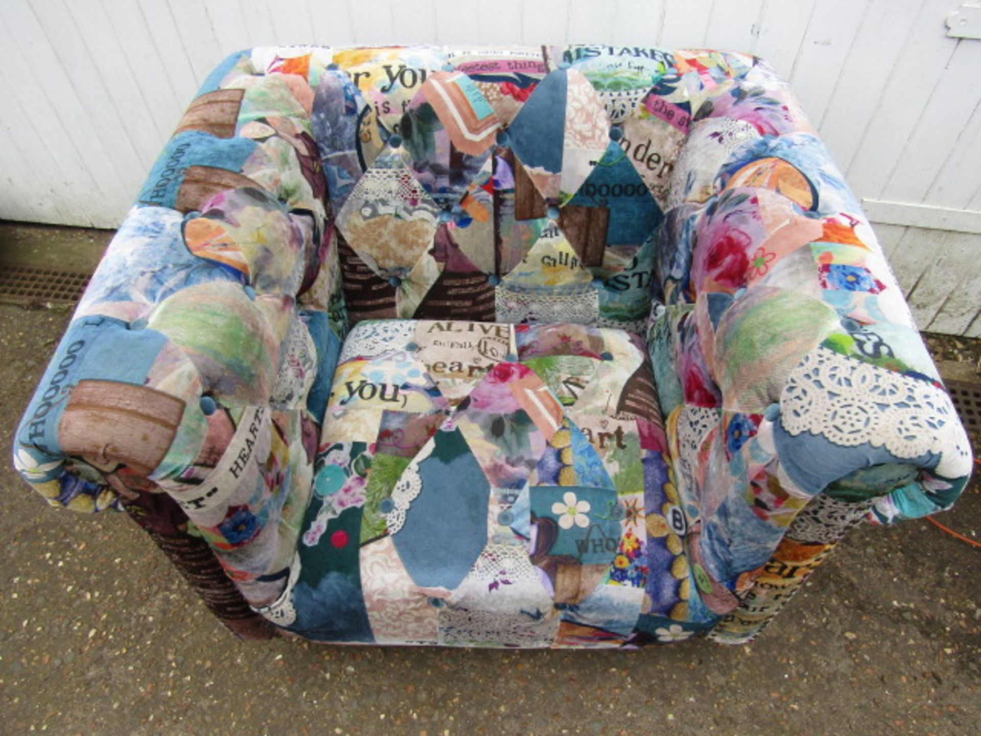 A velour patchwork style club chair in buttoned Chesterfield style  some slight plucks to upholstery - Image 2 of 7