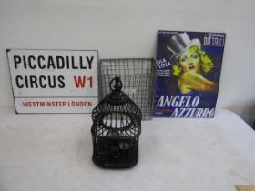 2 signs, wire letter rack and a lantern