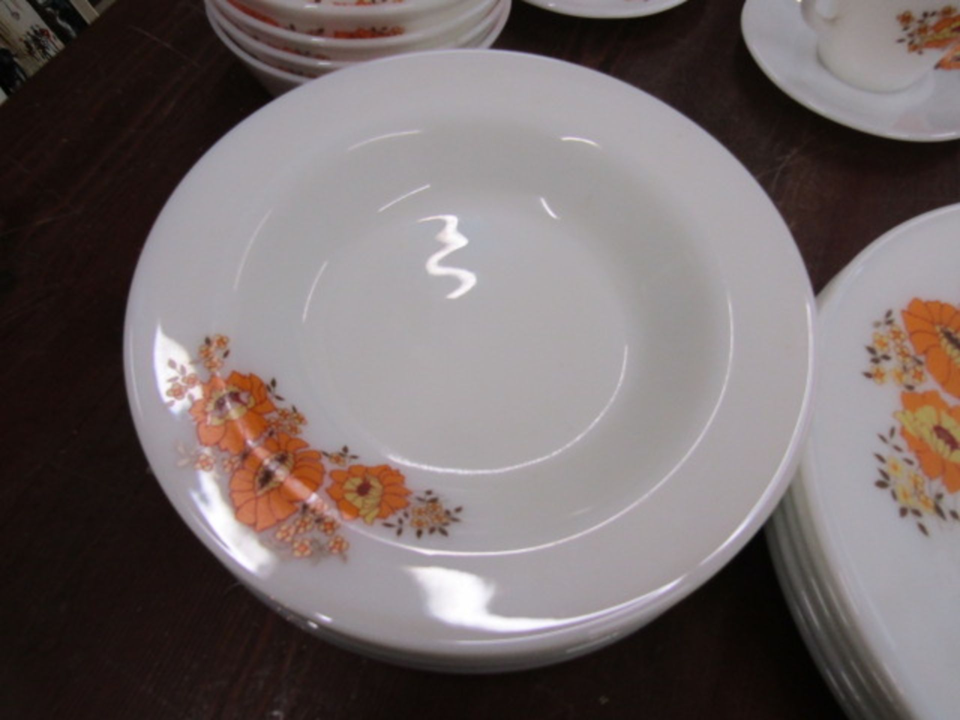 Pyrex 'Marigold' 34 piece part dinner set comprising 5 dinner plates, 6 side, 6 cups and saucers, - Image 2 of 3