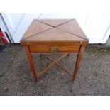 19th Century mahogany envelope card table with drawer on brass castors H70cm Top 56cm x 56cm approx