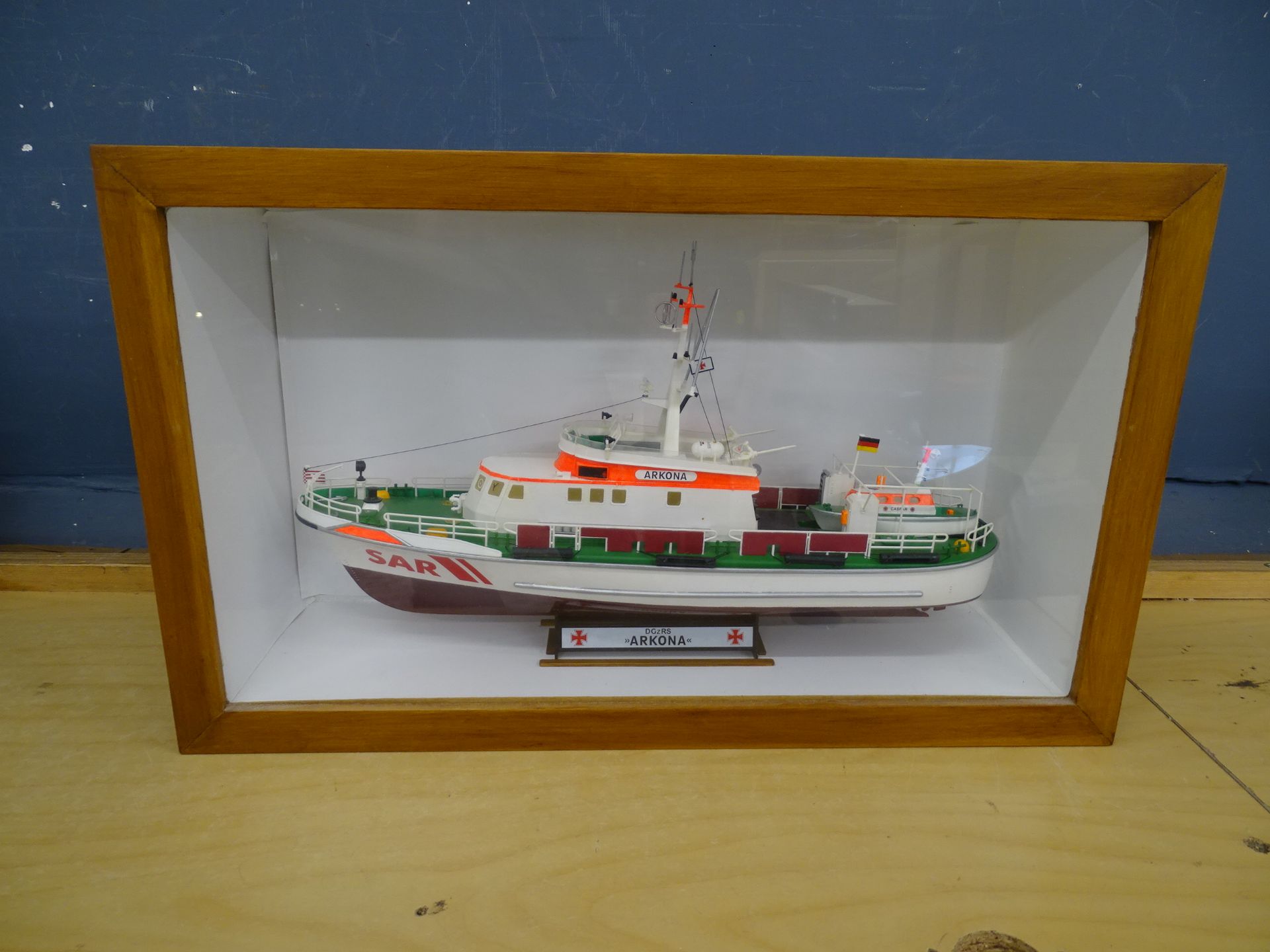 Cased DGzRS 'Arkona' model ship. Case size H29cm W48cm D13cm approx