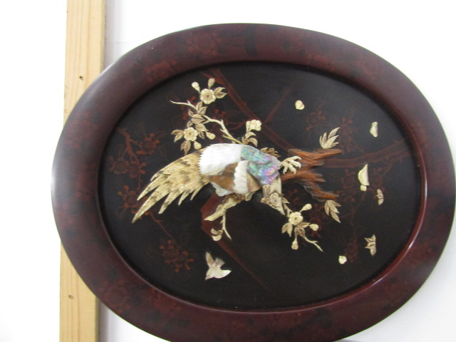 2 Shibayama plaques of birds in mother of pearl 3D design with lacquered style frames 54cmH - Image 3 of 5