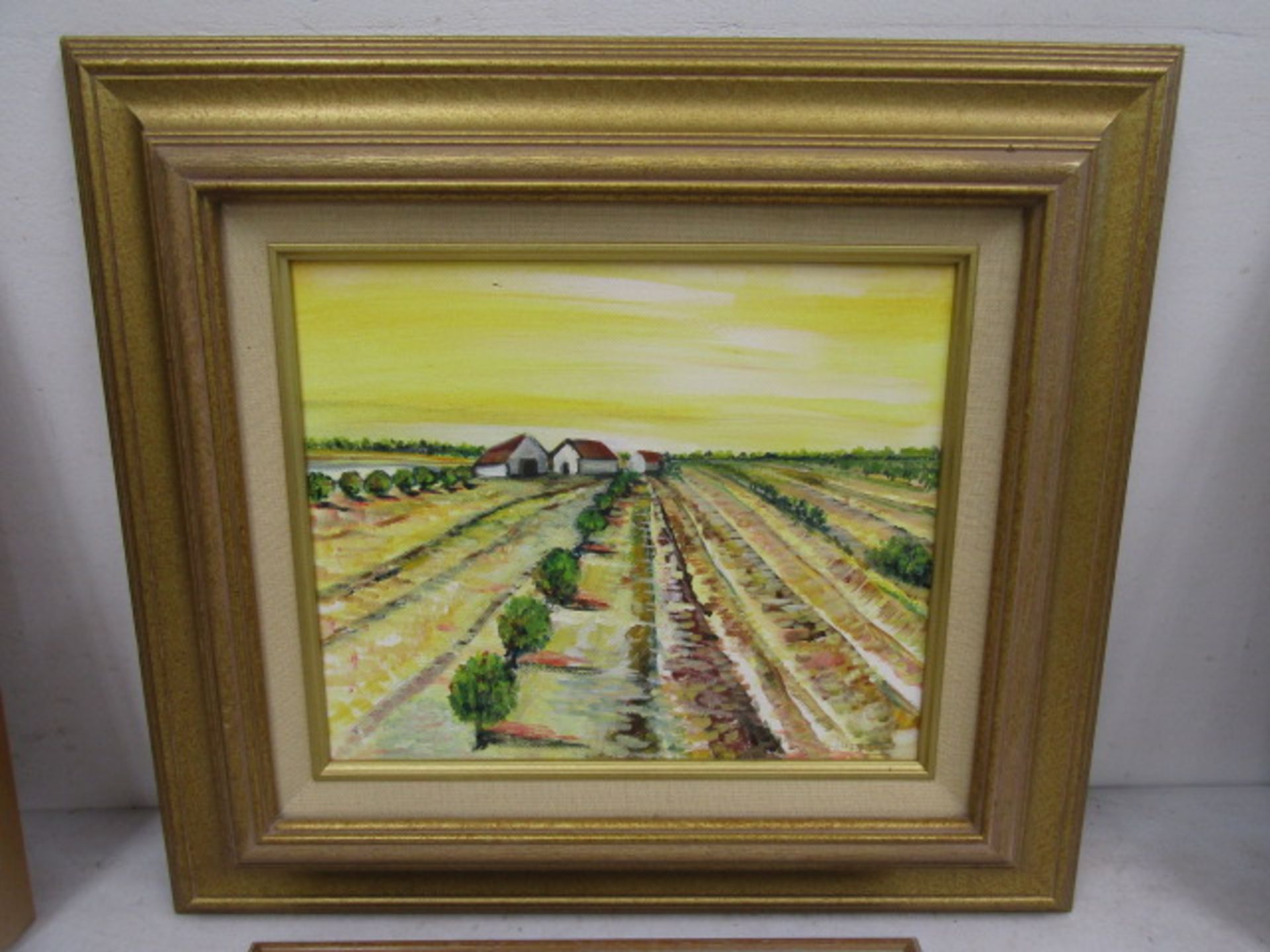 Gill Baguley oil and watercolour paintings of Norfolk scenes 50x43cm (fields) 33x43cm (9Hay bales) - Image 2 of 4