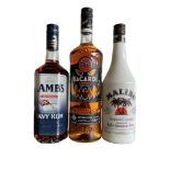 Three bottles of rum to include: Bacardi Spiced rum 35%vol 1Le  Lambs Navy rum 40%vol 70cl Malibu