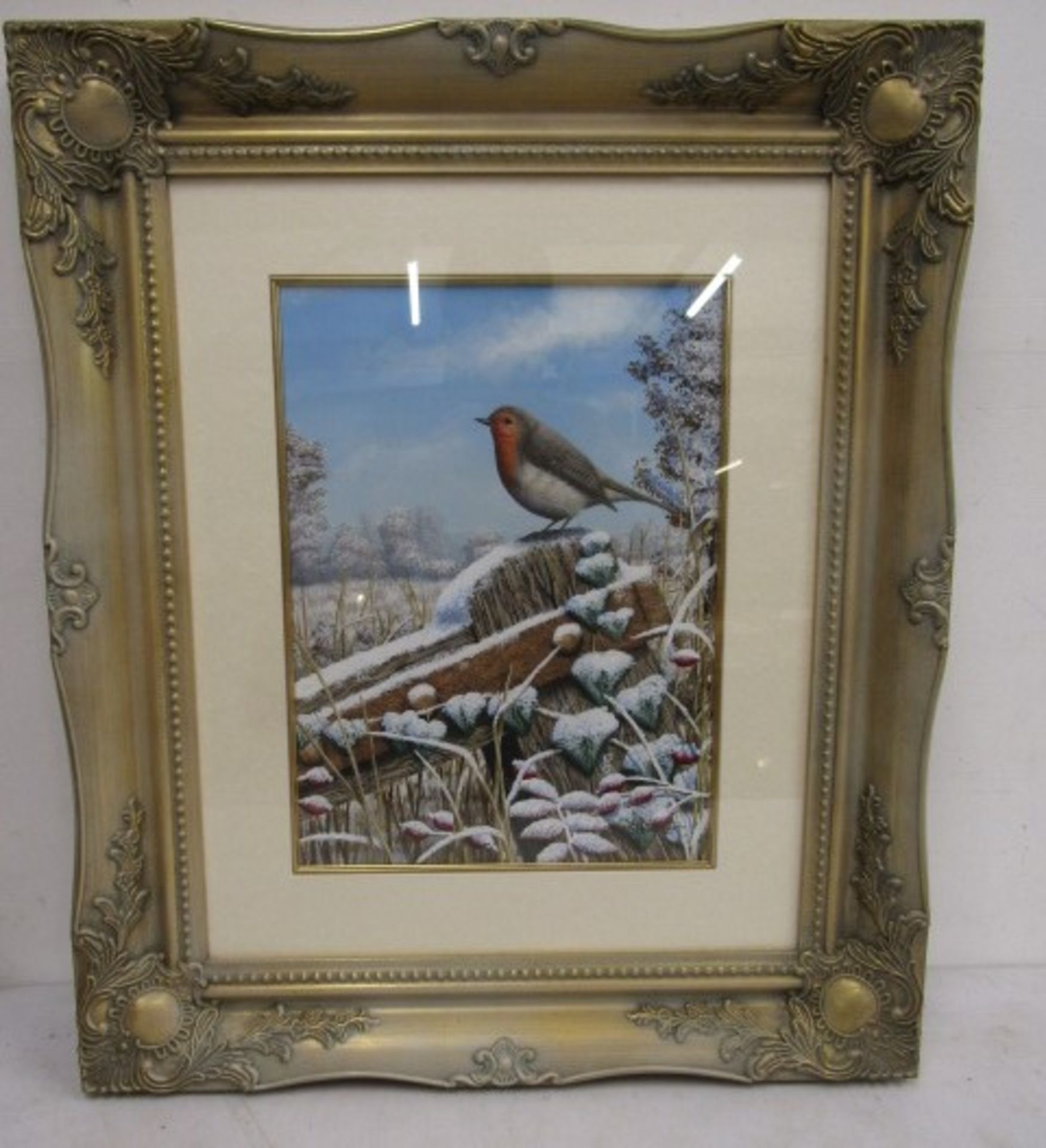 Mark Chester watercolour 'The Old Gate Robin' an original by the wildlife artist in an ornate