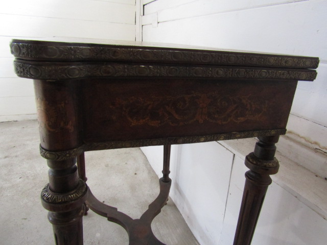 French Louis XVI style penwork decorated and brass mounted fold over games table - Image 6 of 8