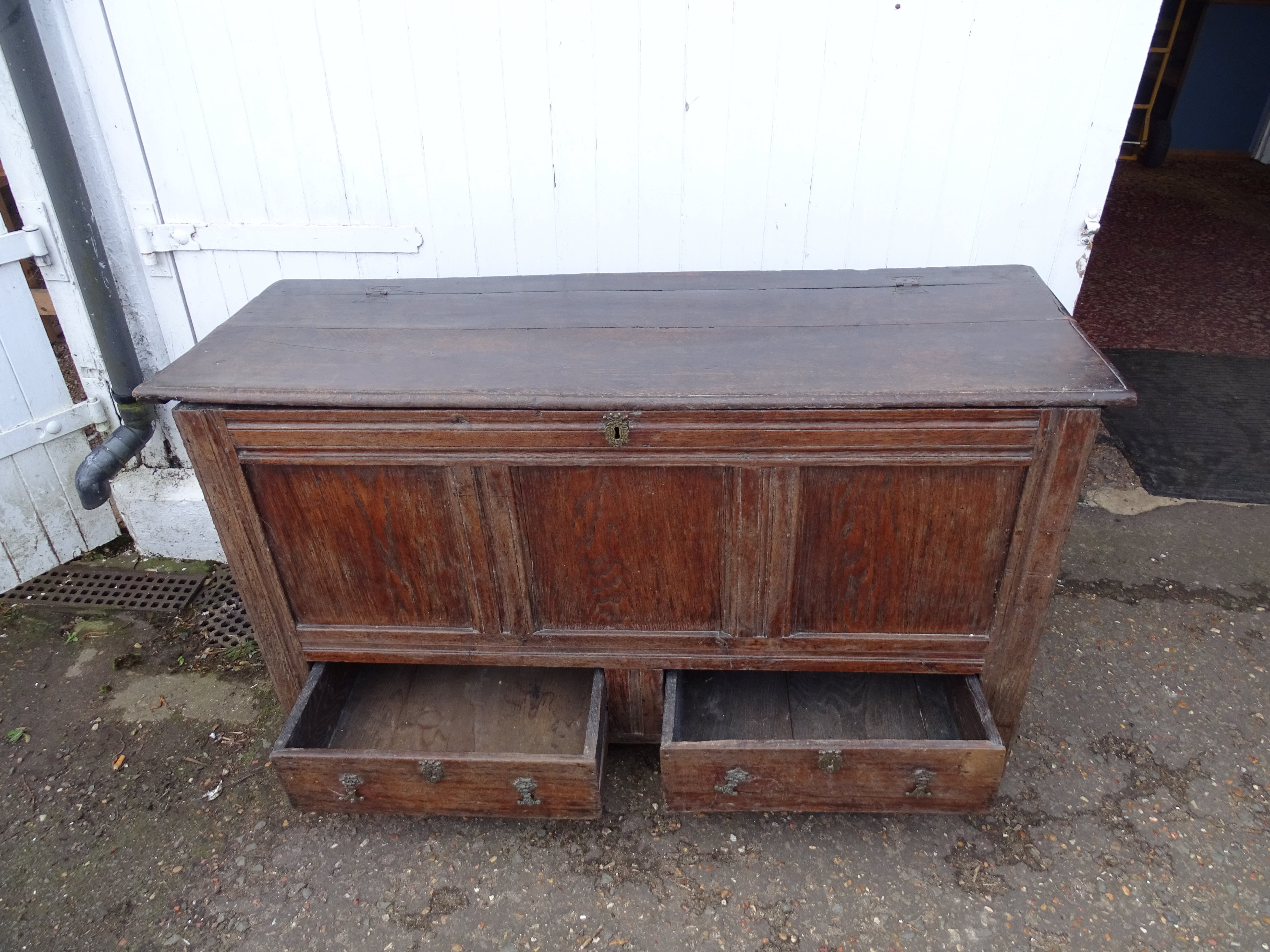 Antique oak coffer with 2 drawers to base H80cm W144cm D51cm approx - Image 3 of 6