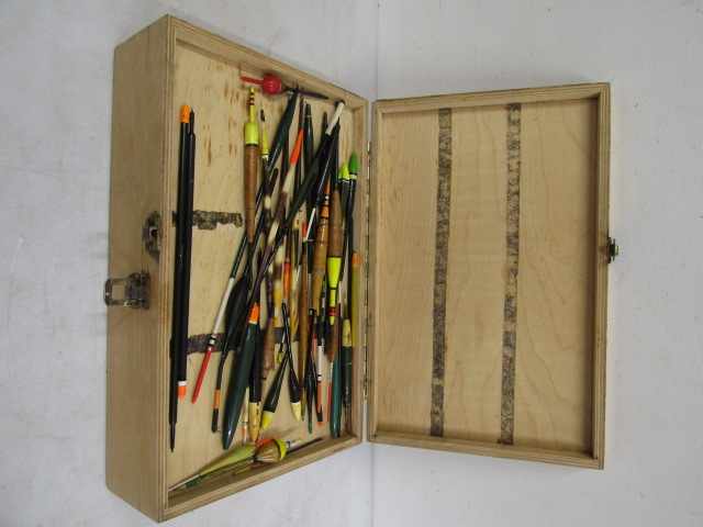 wooden fishing tackle box with contents