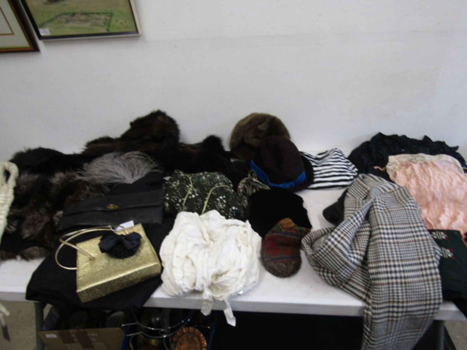 Vintage clothing inc slips, dresses, jacket, fur stoles and shrug, bags and scarves along with a