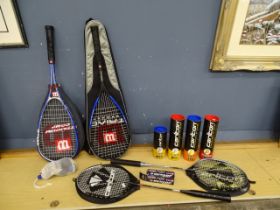 2 Badminton rackets, 2 squash rackets and shuttlecocks etc