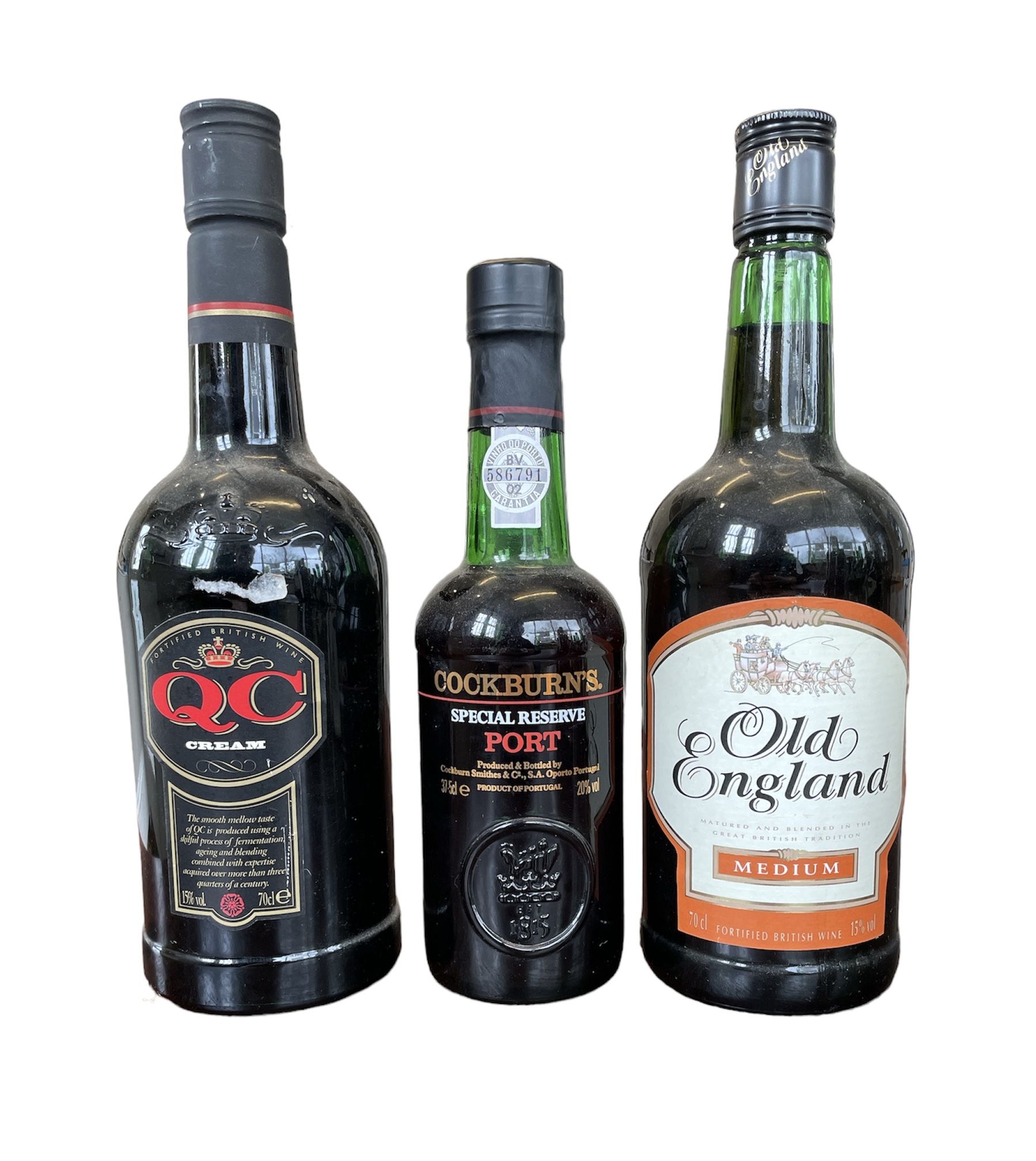 Three bottles of fortified wine to include: QC cream 15%vol 70cl Old England Medium 15%vol 70cl