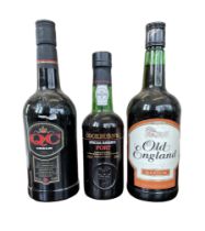 Three bottles of fortified wine to include: QC cream 15%vol 70cl Old England Medium 15%vol 70cl