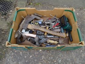 Tray of tools to include axe and hand plane etc