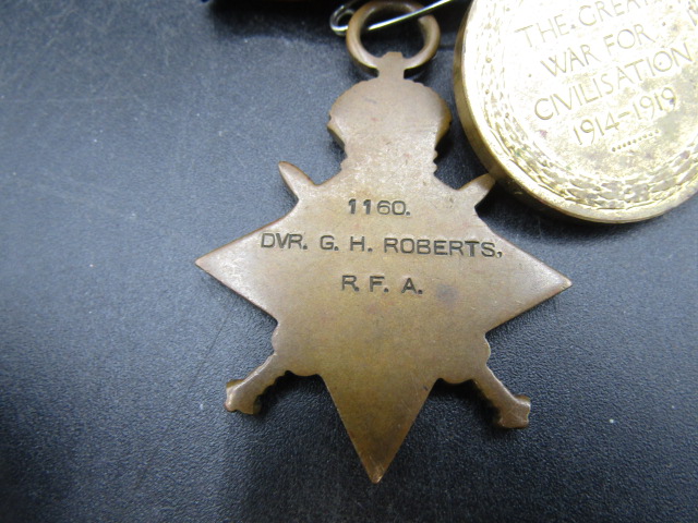 3 x WW1 medals inc 1914-15 star, BWM and Victory relating to 1160 DVR G.H ROBERTS RA/ RFA - Image 3 of 6