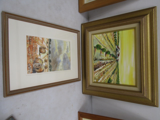 Gill Baguley oil and watercolour paintings of Norfolk scenes 50x43cm (fields) 33x43cm (9Hay bales)