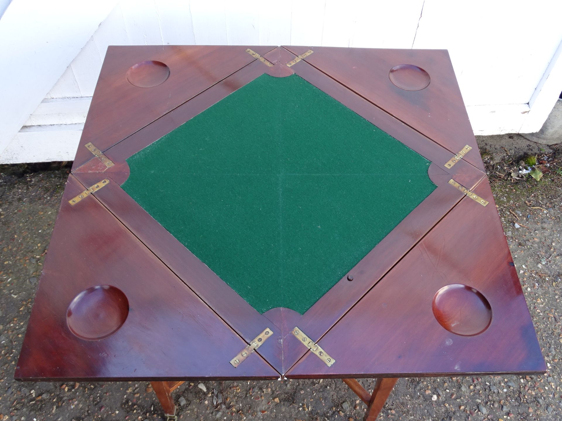 19th Century mahogany envelope card table with drawer on brass castors H70cm Top 56cm x 56cm approx - Image 4 of 10