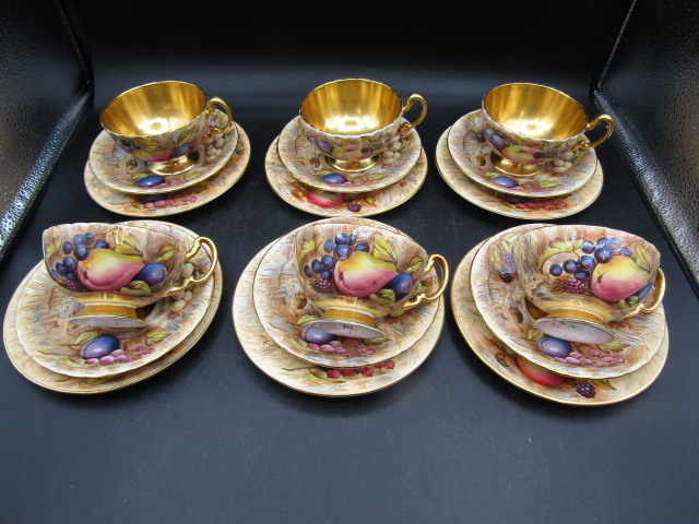 6x Aynsley Orchard Gold trio's signed D.Jones and N Brunt Good condition with no repairs, chips,