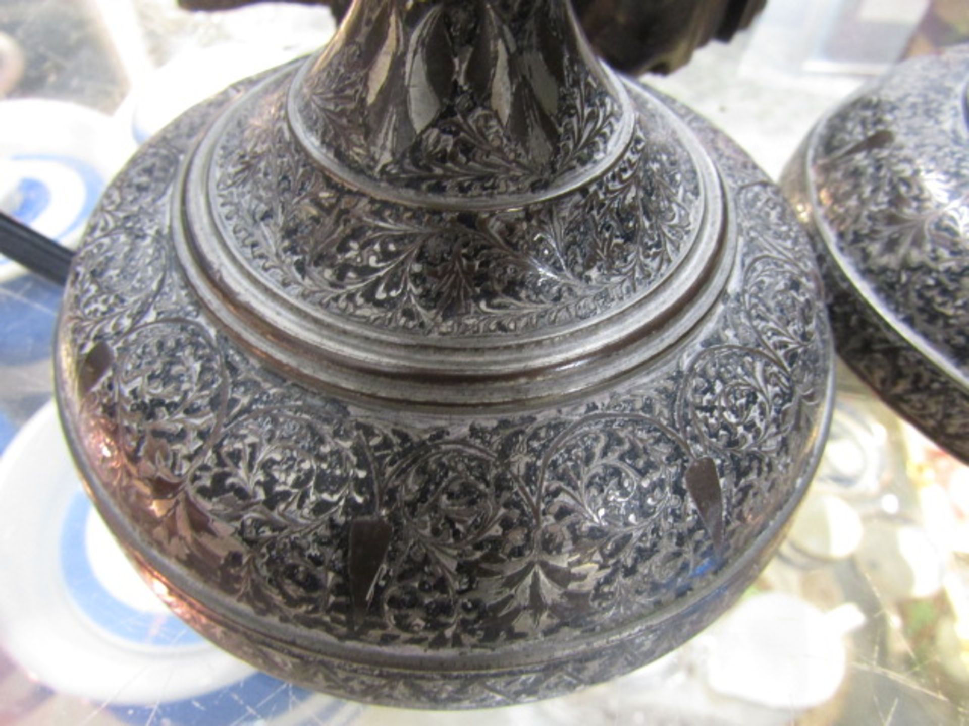 A pair bronze? inlaid Islamic? candlesticks  one needs repair - Image 5 of 6