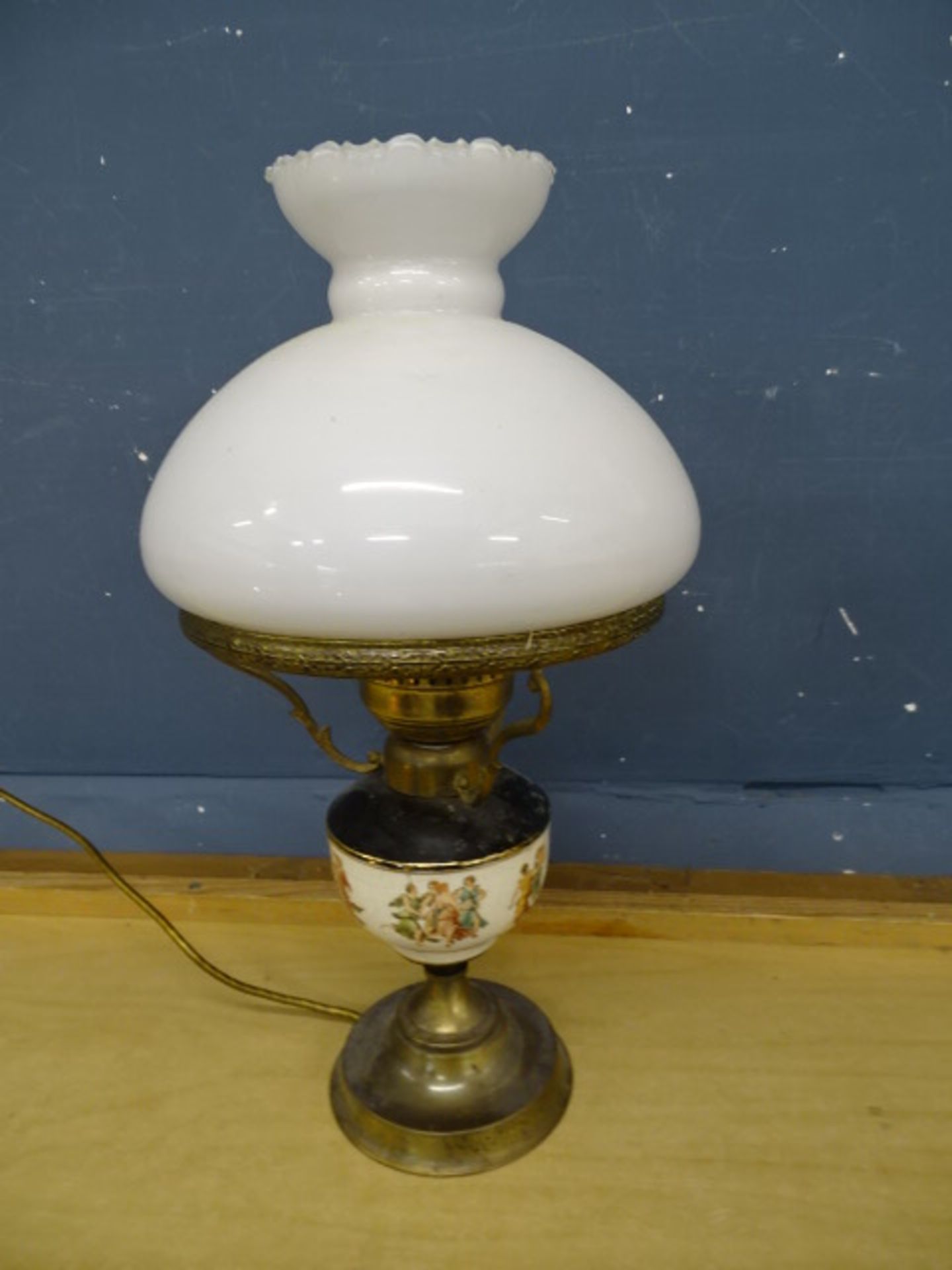 Brass and porcelain oil lamp converted to electric (no plug)