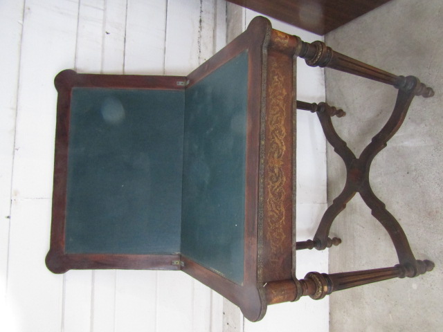 French Louis XVI style penwork decorated and brass mounted fold over games table - Image 3 of 8