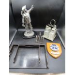 Collectors lot- ebony tray, Mappin & Webb toast rack, Masonic shield, glass condiment set and a