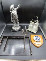 Collectors lot- ebony tray, Mappin & Webb toast rack, Masonic shield, glass condiment set and a