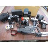 Various camera's, video camera and binoculars