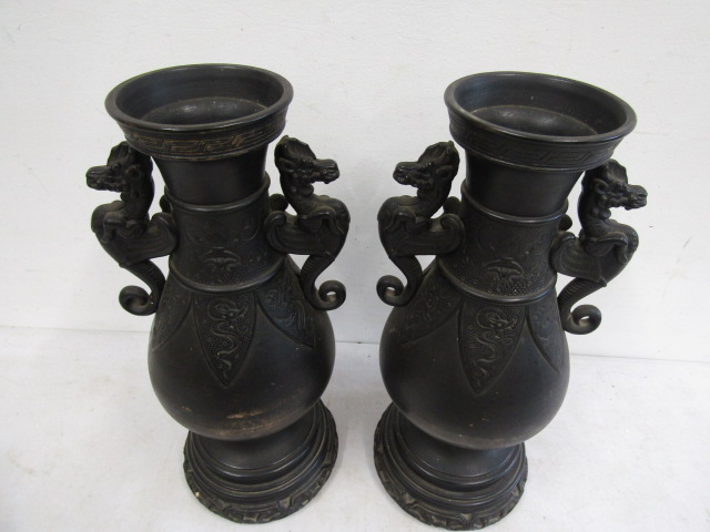 A pair black ceramic Oriental vases 38cmH - Image 3 of 4