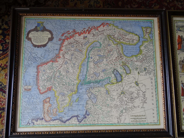 3 hand finished  Maps Finland/Switzerland, Denmark and Spain, framed and glazed (one has broken - Image 4 of 7